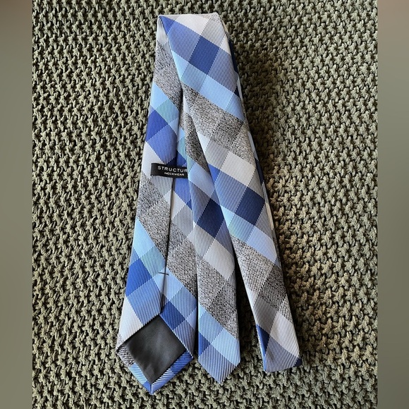 Structure Men’s Tie, Shades of Blue & Gray Checkered Plaid, 100% Polyester; 58” - Picture 2 of 5